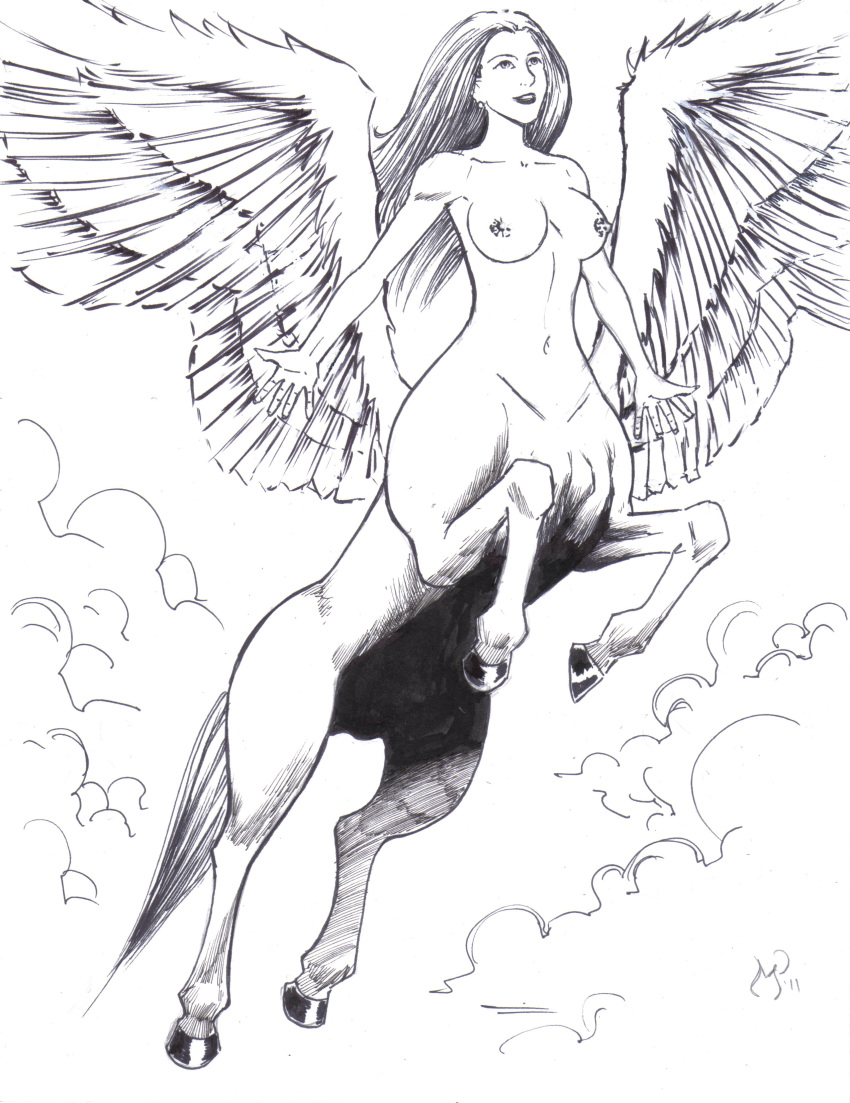 1girls black_and_white centaur drawn erect_nipples female flying greek_mythology inked michael_powell mythology pegasus pegasus_taur sketch taur