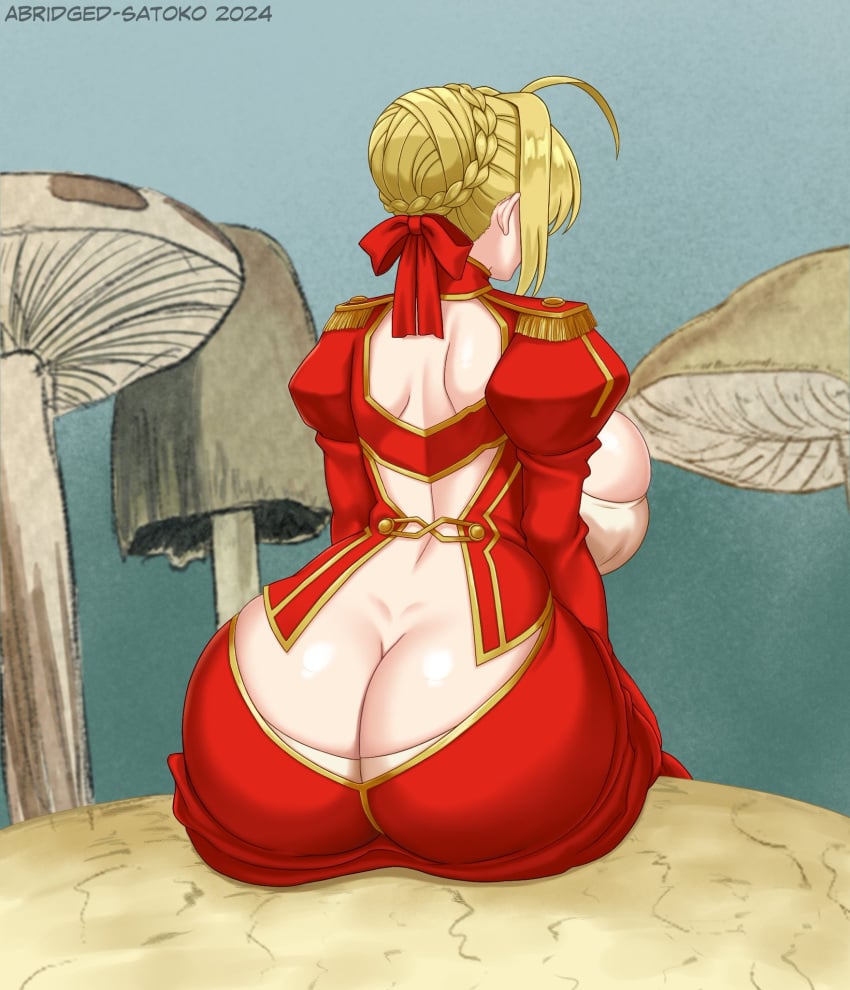 1girls abridged-satoko ass ass_cleavage ass_crack ass_focus back back_view big_ass blonde_hair booty dated fate/extra fate_(series) female female_only large_ass nero_claudius_(fate) short_hair tomboyist watermark