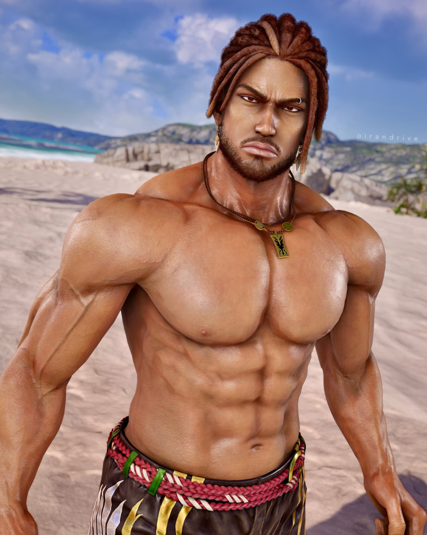 1boy 1human 1male 3d 3d_(artwork) 3d_model bandai_namco beach brazilian dark-skinned_male dark_skin eddy_gordo eyebrow_piercing island male male_focus male_only melanin muscular oirandrive shirtless shirtless_male solo solo_focus solo_male tekken tekken_8