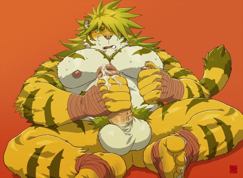 1boy alternate_eye_color animal_ears bara belly blonde_hair blush cum cum_on_hands feet furry furry_male green_eyes hair_over_one_eye huge_cock huge_pectorals large_hands large_testicles macan_(tokyo_afterschool_summoners) magan male male_focus male_masturbation male_only masturbation muscular muscular_male nipple_stimulation nipple_tweak nipples penis plump rossciaco sitting solo testicles thick_eyebrows thick_thighs thighs tiger_boy tiger_ears tokyo_afterschool_summoners tweaking_own_nipple uncensored yellow_fur