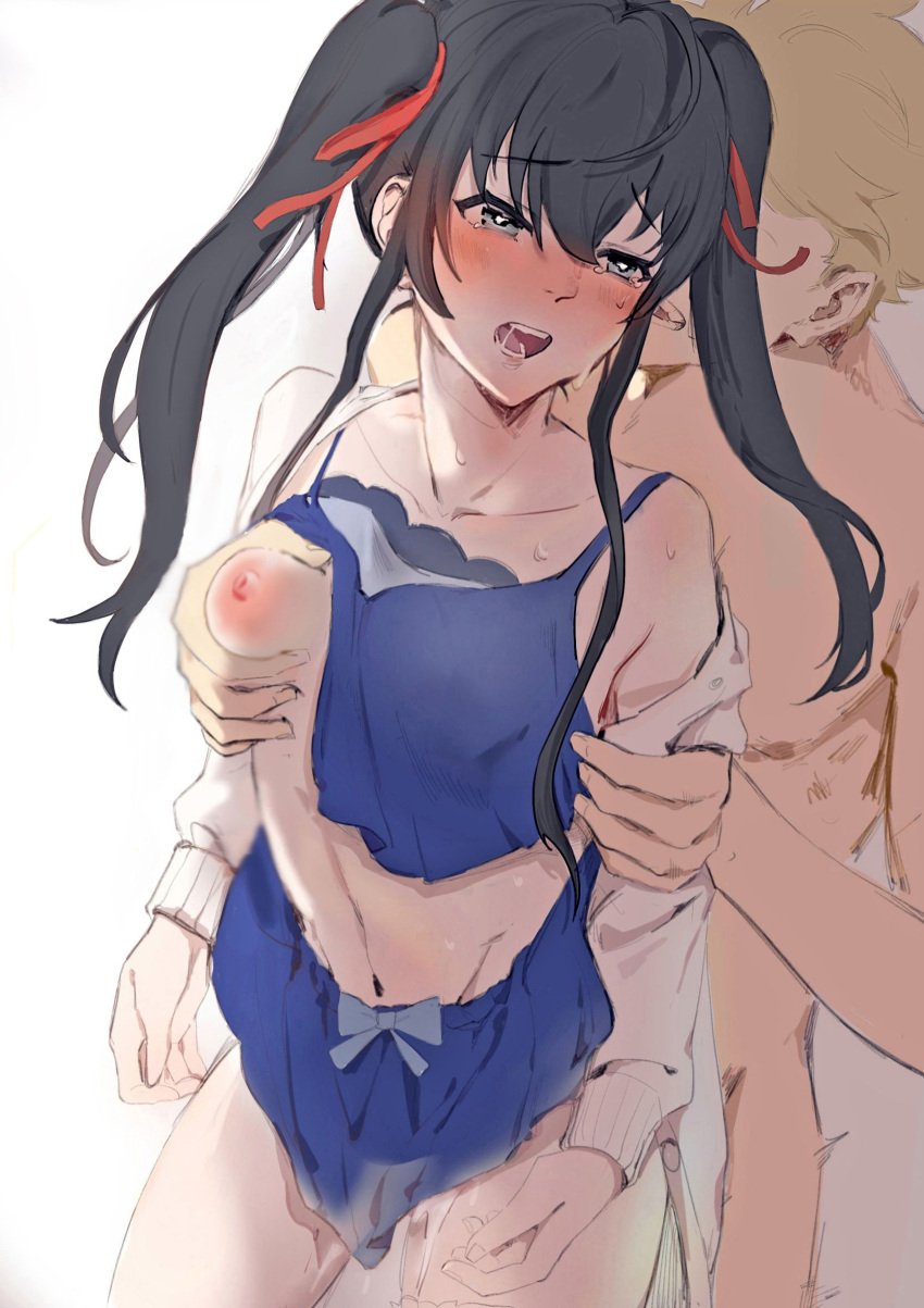 1boy black_hair blush breasts female grabbing grabbing_another's_breast grabbing_from_behind groping hair_between_eyes hair_ribbon hayama_hayato highres long_hair my_teen_romantic_comedy_snafu navel netorare nipples open_mouth red_ribbon ribbon sex straight twintails white_background yukinoshita_yukino