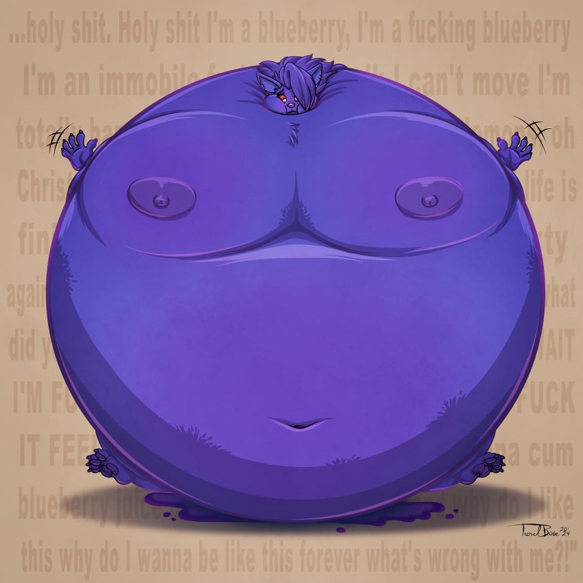 2024 belly belly_inflation berry_juice blue_body blue_fur blue_hair blueberry_inflation blueberry_juice breasts canid canid_demon canine canis demon feet female fur grey_eyes hair hellhound helluva_boss hi_res juice_(beverage) looking_down loona_(helluva_boss) mammal mythological_canine mythological_creature mythology navel nipples overweight overweight_female pawpads paws red_eyes solo sunken_head sunken_limbs teaselbone weight_gain wolf worried
