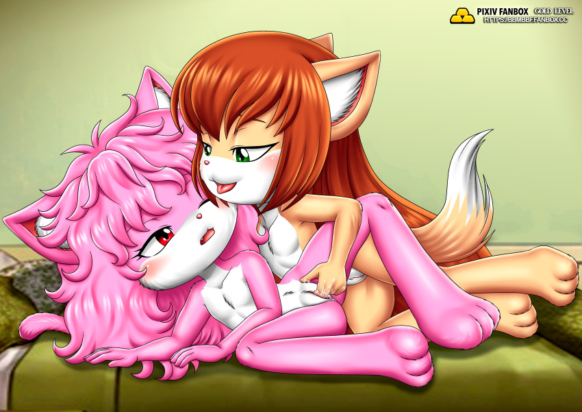 2girls anthro anus april_(little_tails) ass audrey_(little_tails) bbmbbf blush feline female female/female female_only fingering furry gold_level little_tails nude one_eye_closed open_mouth palcomix pietros_secret_club pussy sex tongue yuri