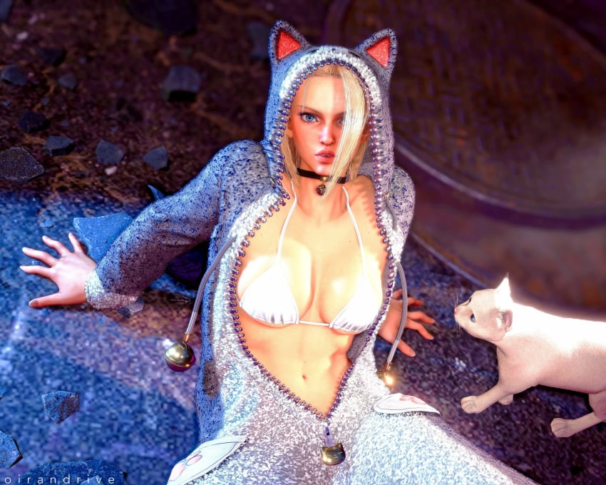 1female 1girls 1woman blonde_hair blue_eyes boobs breasts cammy_white capcom cat_girl female female_focus female_human female_solo light-skinned_female light_skin oirandrive open_eyes sitting solo solo_female solo_focus street_fighter street_fighter_6 tits white_cat