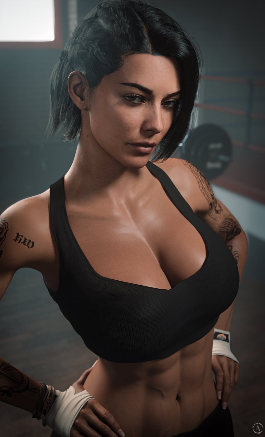 1girls 3d 3d_(artwork) abs alf3d arm_tattoo belly_button black_hair blurry_background breasts brown_eyes call_of_duty call_of_duty_modern_warfare_2_(2022) female female_focus female_only gym hand_wraps hi_res high_resolution highres large_breasts looking_at_viewer navel short_hair solo solo_female solo_focus sports_bra sportswear tattooed_arm tattoos valeria_garza wrapped_hands