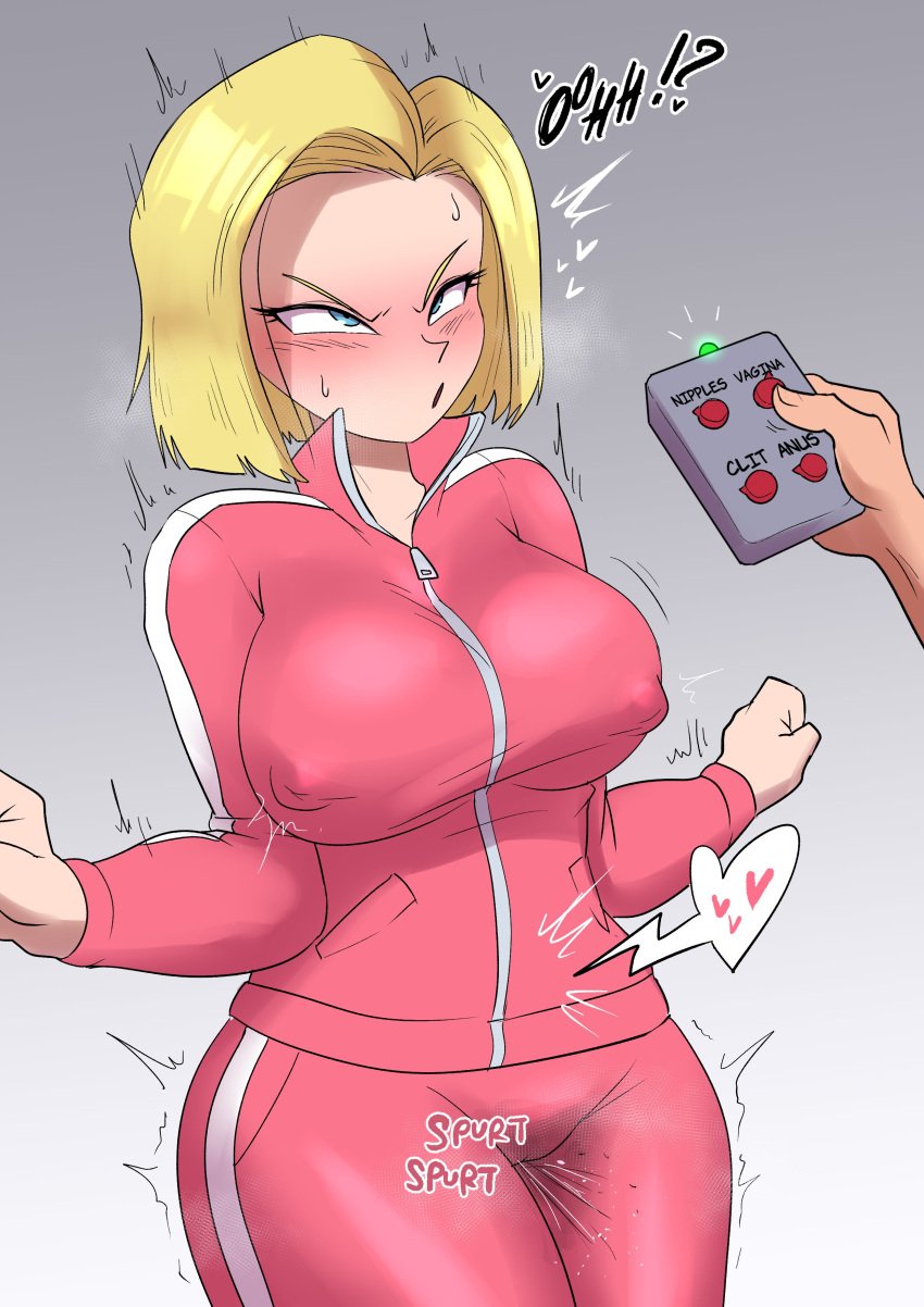 1girls alternate_version_available android_18 big_breasts blonde_hair blue_eyes blush blushing bodily_fluids dragon_ball dragon_ball_super dragon_ball_z duo erect_nipples female female_only lech_lewds looking_pleasured nipple_bulge open_mouth orgasm pussy_ejaculation pussy_juice pussy_juice_drip pussy_juice_drip_through_clothes pussy_juice_leaking remote_control remote_control_vibrator solo solo_female solo_focus thick_thighs thighs throbbing_uterus vibrator wide_hips