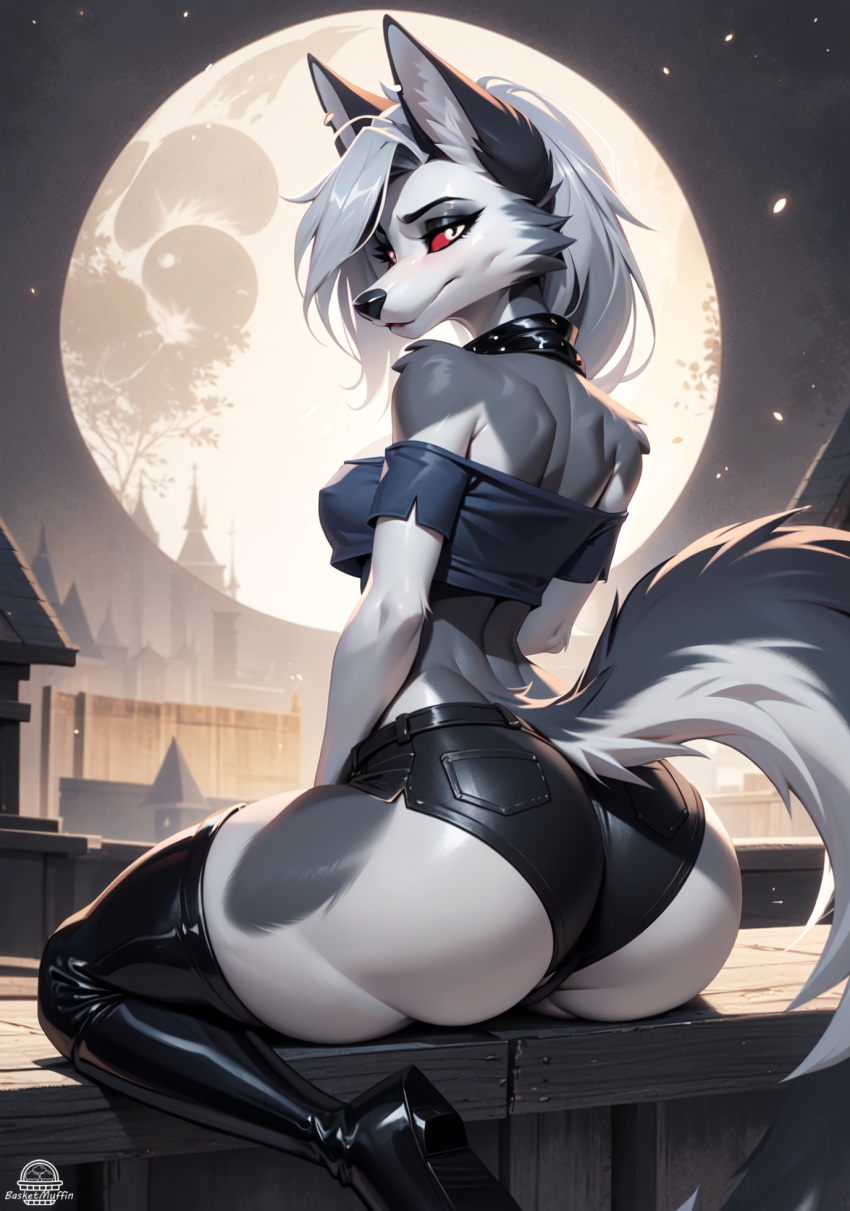 1girls ai_generated anthro anthro_only ass basketmuffin big_ass black_legwear black_thighhighs breasts female female_only furry furry_only helluva_boss legwear loona_(helluva_boss) moon night night_sky solo solo_female tail thick_thighs thighhighs vivienne_medrano wide_hips