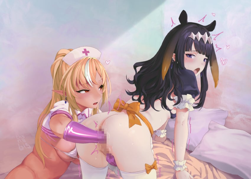 2girls alternate_costume anal anal_fisting ass bent_over blonde_hair blue_eyes bow censored dark-skinned_female dark_skin diamond_hairband elf fisting gloves gradient_hair hat hololive hololive_english hololive_fantasy hololive_japan hololive_myth long_hair mosaic_censoring multicolored_hair multiple_girls ninomae_ina'nis nurse nurse_cap open_mouth orange_hair pillow pointy_ears purple_hair red_eyes shiranui_flare sidelocks streaked_hair tentacle_hair thanabis thighhighs trembling virtual_youtuber white_thighhighs