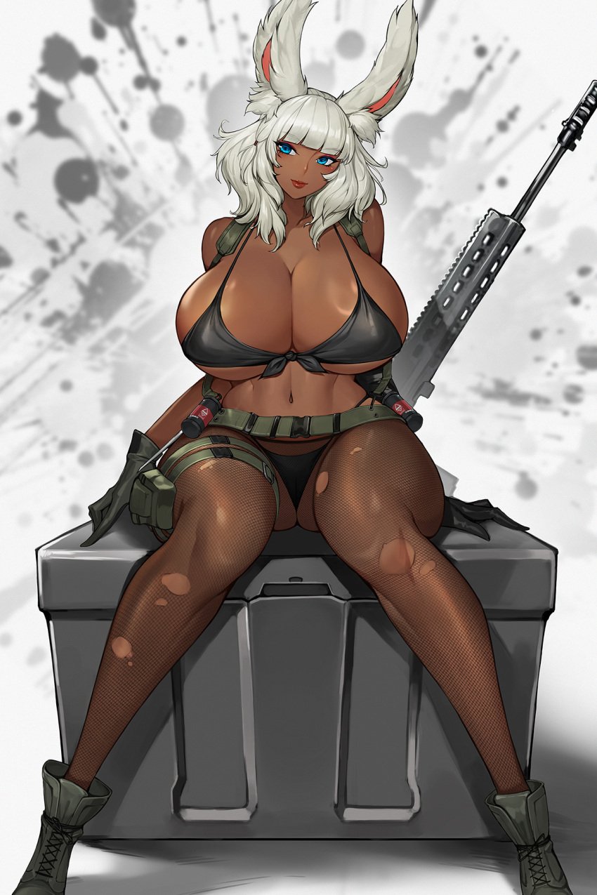 1girls animal_ears bikini blue_eyes boots breasts cleavage commission cosplay dark-skinned_female dark_skin female female_only female_solo final_fantasy gloves gun gurimjang huge_breasts lipstick metal_gear metal_gear_solid metal_gear_solid_v navel pantyhose quiet_(metal_gear)_(cosplay) sitting solo solo_female thick_thighs torn_clothes torn_pantyhose viera