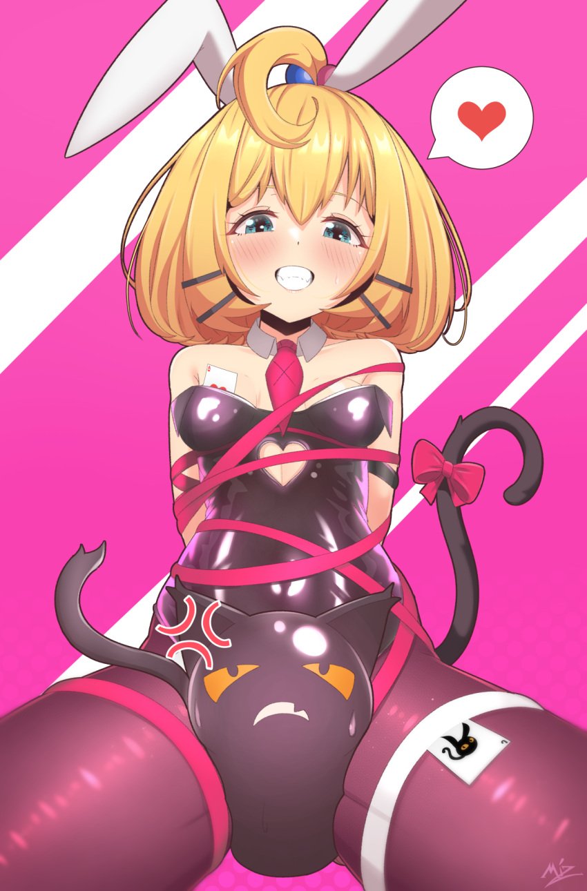 1girls :d ace_(playing_card) ace_of_hearts ahoge anger_vein animal_ears ball bare_shoulders between_thighs blonde_hair blush bondage bound bow breasts card cat_ears cat_tail cleavage_cutout clothing_cutout crushing fan_mascot_(vtuber) female green_eyes hair_between_eyes hair_ornament hairclip heart highleg highleg_leotard highres joker_(playing_card) leg_strap leotard looking_at_viewer lucie_(millie_parfait) millie_parfait mizmillificent nijisanji nijisanji_en playboy_bunny playing_card rabbit_ears rabbit_hole_(vocaloid) ribbon signature small_breasts smile solo solo_focus tail teeth thick_thighs thighs tie_clip two-tone_background virtual_youtuber