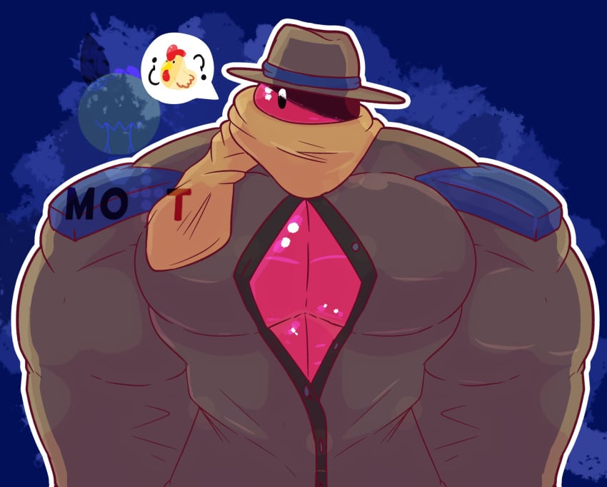 artist_watermark bara bob_(slime_rancher) breasts male male_focus male_only mottaxio oblivious pecs pink_slime_(slime_rancher) slime_rancher solo solo_focus solo_male trenchcoat unaware watermark