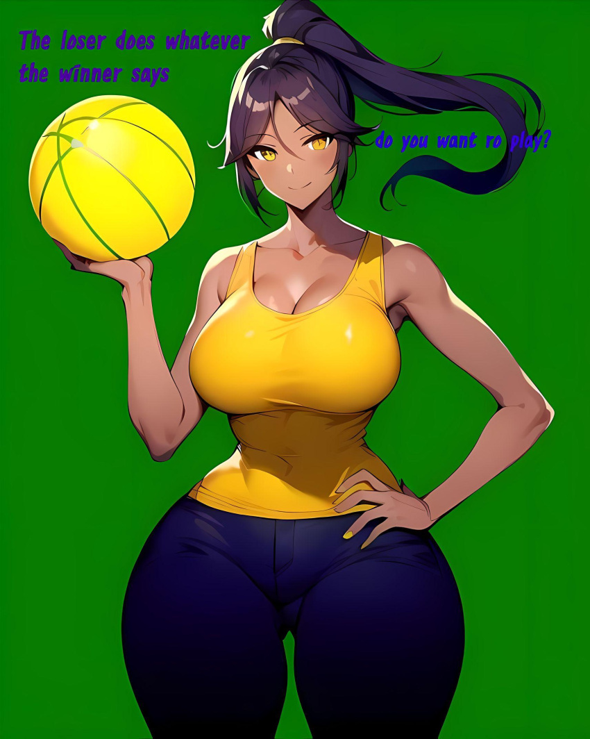 1girls 2d ai_generated basketball big_breasts bleach green_background long_hair purple_hair shihouin_yoruichi thick_hips thick_legs thick_thighs wide_hips wide_thighs