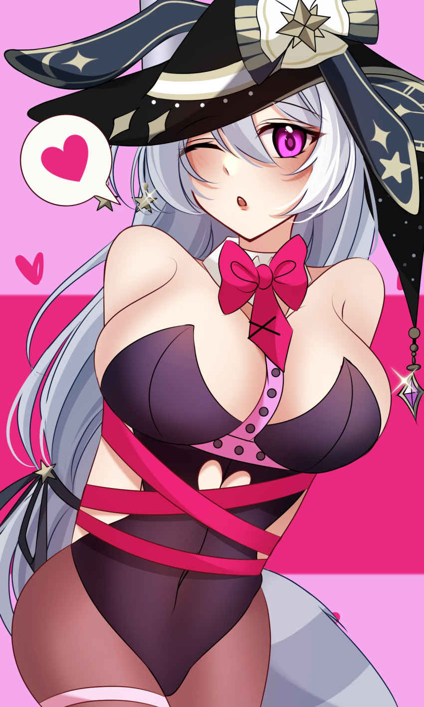 1girls blush bowtie breasts celynillust clothed clothing cosplay female female_only grey_hair hat hatsune_miku_(cosplay) heart heart_cutout huge_breasts indie_virtual_youtuber light-skinned_female light_skin looking_at_viewer one_eye_closed pink_eye rabbit_hole_(cosplay) rabbit_hole_(vocaloid) raccoon_girl raccoon_tail restrained solo spoken_heart tail virtual_youtuber witch_hat yozora_aoi