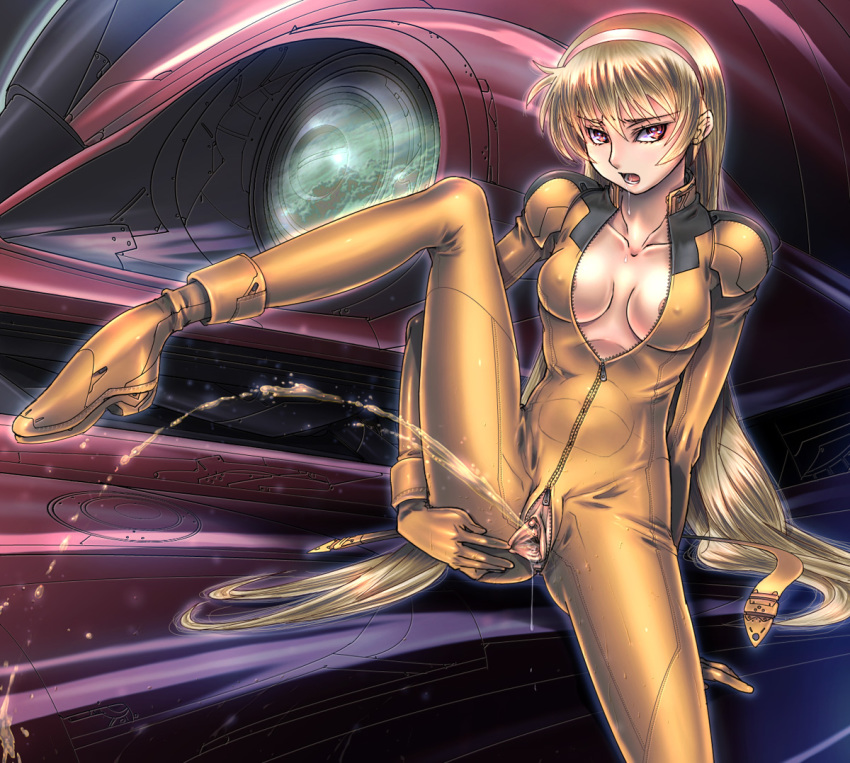 1girls 2011 blonde_hair bodysuit boots breasts curvaceous female gloves gundam human ibu_(kateibu) katejina_loos large_breasts light-skinned_female light_skin long_hair looking_at_viewer normal_suit peeing pilot_suit pussy solo tagme victory_gundam villainess wide_hips