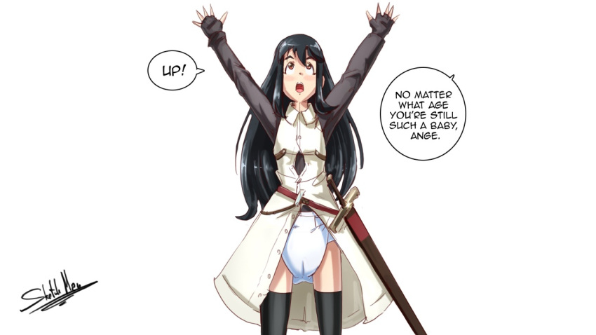 black_hair brown_eyes cute diaper female flat_chest revealing sketchmandl small_breasts sword