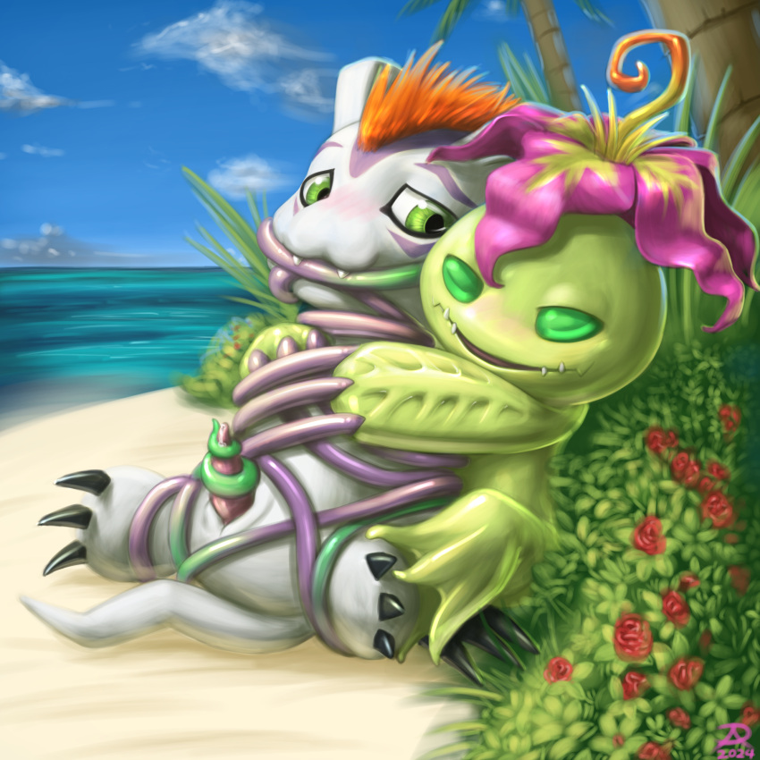 anthro bandai_namco beach blush claws detailed_background digimon digimon_(species) elemental_creature elemental_humanoid erection fangs female feral flora_fauna flower flower_on_head fur genitals gomamon green_body green_eyes green_sclera green_skin hair handjob hi_res humanoid looking_at_another male male/female male_focus mammal marine narrowed_eyes palm_tree palmon penile penis pink_flower pinniped plant plant_humanoid radasus red_hair restrained sand sea seal sex sitting spread_legs spreading teeth tentacle tentacle_on_penis tree vine_tentacles water white_body white_fur