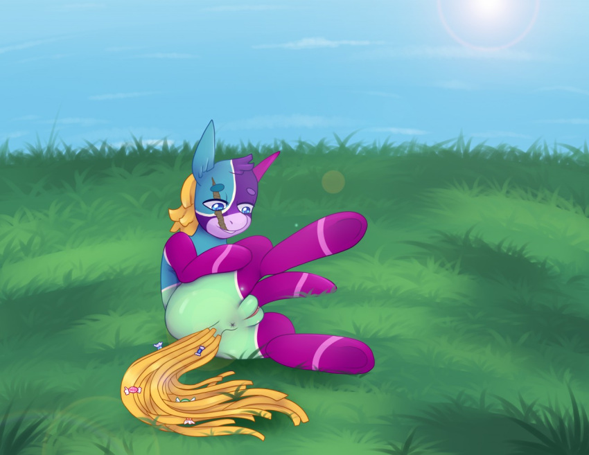 2019 anus blue_eyes candy dessert digital_drawing_(artwork) digital_media_(artwork) equid equine fan_character flowerofthesea food furry genitals grass hand_on_leg horse horstachio hudson_horstachio light lying mammal on_side outside plant purple_arms purple_legs pussy raised_leg rareware scar solo spread_legs spreading sunlight viva_pinata