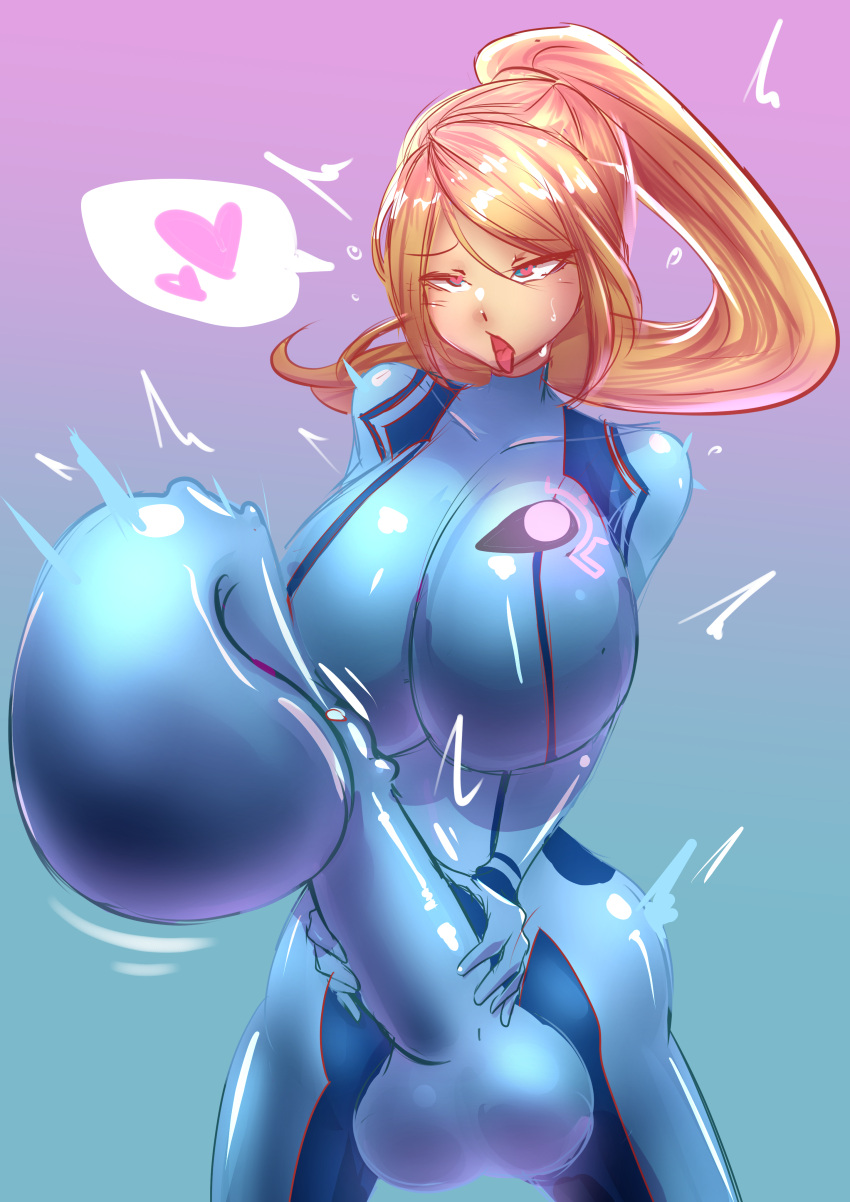 1futa alternate_breast_size balls big_balls big_penis blonde_hair blush breasts clothed clothing condom_filling condom_suit cum ejaculation erection excessive_cum fully_clothed futa_only futanari gradient_background huge_balls huge_breasts huge_cock huge_penis human hyper_penis large_ass large_breasts large_penis large_testicles light-skinned_futanari light_skin long_hair metroid nintendo orgasm pale_skin penis pleasure_face rolling_eyes samus_aran shiroihagane solo spoken_heart standing testicles tight_clothing tongue tongue_out zero_suit