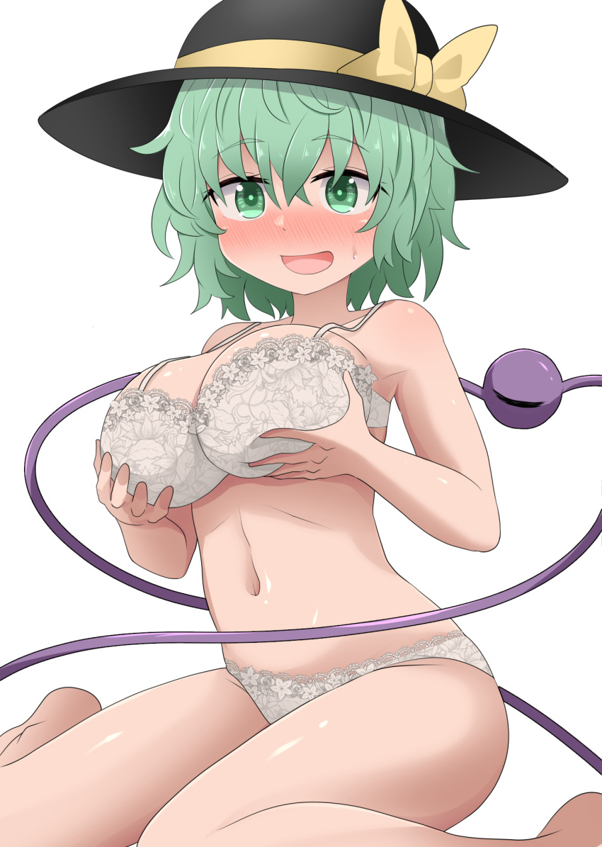 big_breasts black_hat blush bow bra breast_hold breasts chups cleavage female grabbing_own_breast green_eyes green_hair hat hat_bow heart heart_of_string highres koishi_komeiji komeiji_koishi large_breasts lingerie looking_at_viewer navel open_mouth panties short_hair simple_background sitting solo sweatdrop third_eye touhou underwear wariza white_background white_bra white_panties yellow_bow