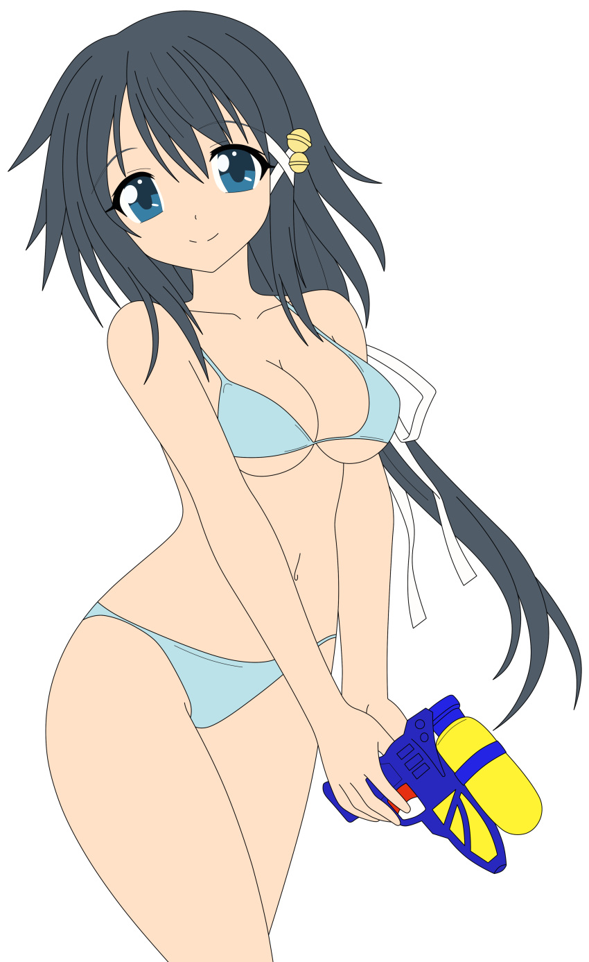 1girls bikini black_eyes black_hair breasts busakumas female highres kazane_hiyori legs long_hair photoshop smile sora_no_otoshimono swimsuit thighs toy vector_trace