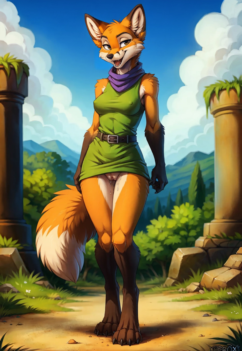 2024 4chan ai_generated anonymous_artist anthro artist_request bottomless breasts canid canine female fox mammal nipple_bulge presenting presenting_pussy pussy pussy_juice skirt_lift tagme upskirt vulpine