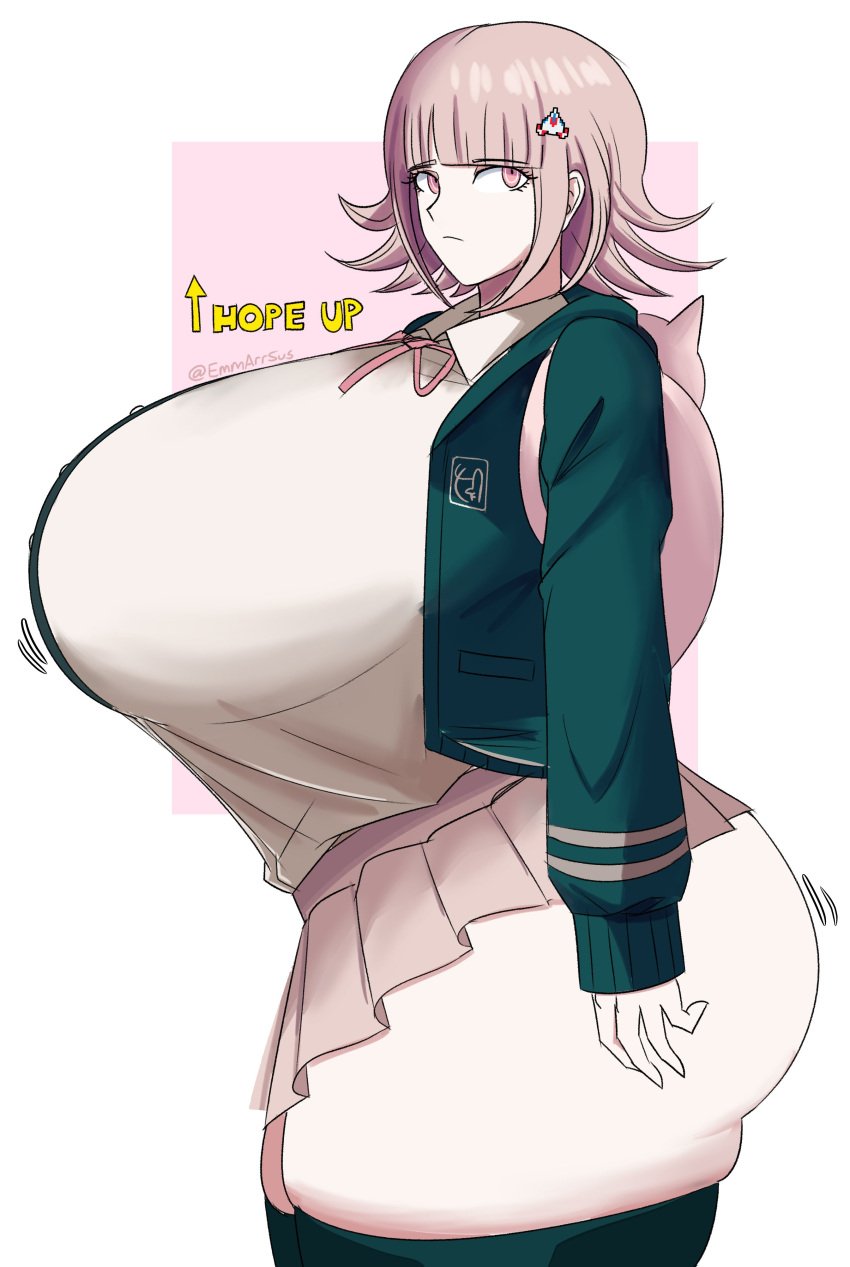 1girls absolute_territory alternate_breast_size ass_expansion backpack breast_expansion button_down_shirt danganronpa danganronpa_2:_goodbye_despair emmarrgus emotionless emotionless_female fully_clothed gamer_girl growth hair_ornament indifferent level_up motion_lines nanami_chiaki pink_eyes pink_hair pink_skirt pleated_skirt ribbon short_hair short_skirt side_view sideboob skindentation skirt solo sweater tented_shirt thighhighs unamused unaware venus_body white_shirt