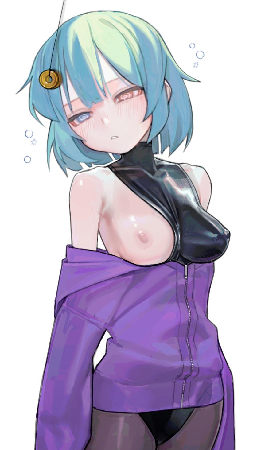 @_@ absurdres bare_shoulders black_leotard blue_eyes blue_hair breasts coin coin_on_string collarbone covered_erect_nipples female half-closed_eyes heterochromia highres hypnosis jacket kogasa_tatara latex latex_leotard leotard medium_breasts mind_control nipples off_shoulder one_breast_out pantyhose parted_lips partially_unzipped purple_jacket red_eyes saaal653 shiny_clothes short_hair solo squeans standing tatara_kogasa touhou