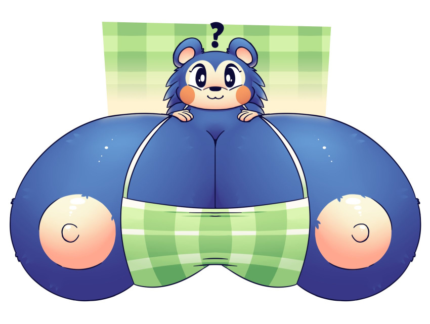 1girls ? able_sisters almost_naked animal_crossing anthro anthrofied apron apron_only big_areola blue_body blush_lines breasts_bigger_than_head bust_portrait hands_on_breasts hedgehog hedgehog_humanoid hi_res huge_breasts huztar hyper hyper_breasts mabel_able naked_apron nintendo non-euclidean_border plaid simple_background two_tone_body