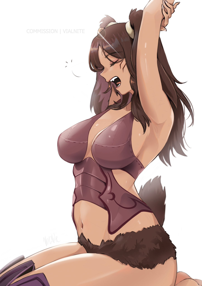 1girls animal_ears armor barefoot breasts brown_fur closed_eyes commission dark-skinned_female dark_skin english_commentary facial_mark feet_out_of_frame female female_only fire_emblem fire_emblem_awakening highres large_breasts navel nintendo open_mouth panne_(fire_emblem) purple_armor rabbit_ears rabbit_girl rabbit_tail solo stretching taguel tail twintails vialnite