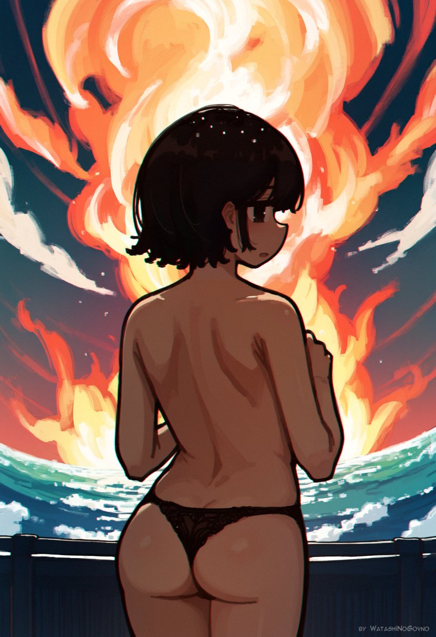 ai_generated artist_name ass back bangs black_eyes black_hair black_panties blush burning cloud cowboy_shot explosion female fire from_behind horizon looking_away night ocean original outdoors panties patreon_username short_hair sky solo standing topless twitter_username underwear underwear_only watashinogovno water waves