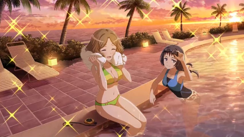 2girls awatsuki_maaya black_hair breasts brown_hair cloud facing_viewer looking_at_viewer official_art outdoors pool short_hair sky smile smiling swimsuit thighs to_aru_kagaku_no_railgun to_aru_majutsu_no_index towel wannai_kinuho