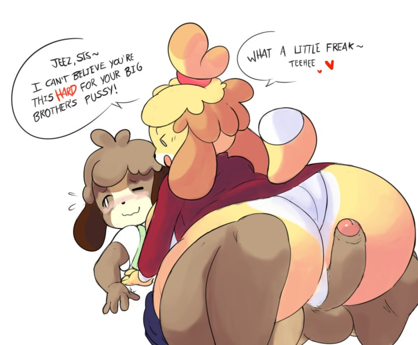 animal_crossing balls blush bottomwear brother_(lore) brother_and_sister brother_and_sister_(lore) canid canine canis clothed clothing crossdressing digby_(animal_crossing) domestic_dog duo elchilenito female genitals hair hi_res hot_dogging incest incest_(lore) isabelle_(animal_crossing) looking_away lying male mammal multicolored_body nintendo on_back on_top panties penis sex shih_tzu sibling_(lore) siblings sister_(lore) skirt text toy_dog two_tone_body underwear