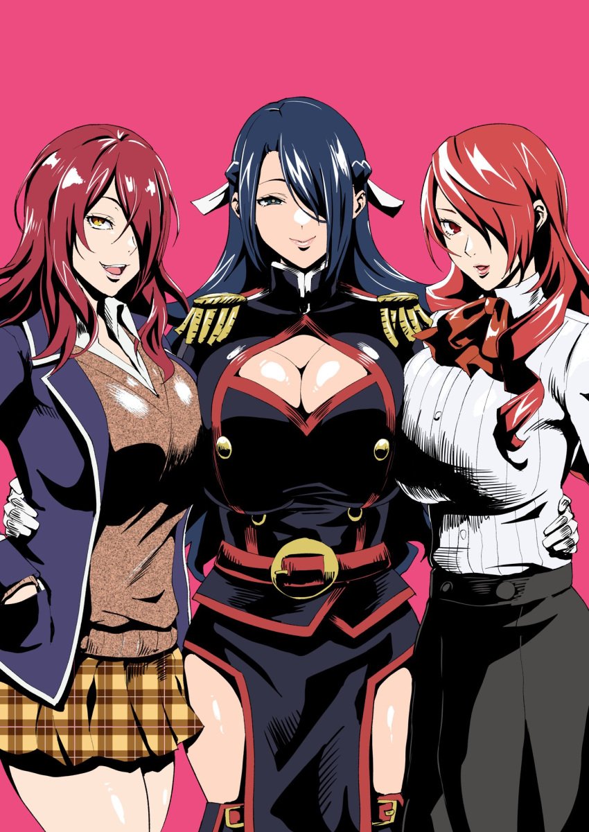 3girls anti-demon_corps_uniform azuma_fubuki blue_eyes blue_hair cleavage crossover hair_over_one_eye iwao178 kobayashi_rindou large_breasts looking_at_viewer mato_seihei_no_slave milf mitsuru_kirijo pelvic_curtain persona persona_3 pleated_skirt red_eyes red_hair school_uniform shokugeki_no_souma slit_pupils uniform yellow_eyes