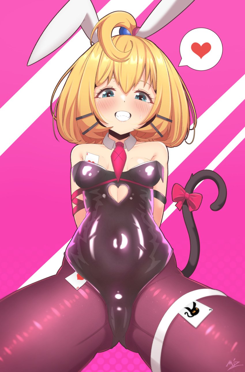 1girls :d ace_(playing_card) ace_of_hearts ahoge bare_shoulders between_thighs blonde_hair blush bow breasts card cat_tail cleavage_cutout clothing_cutout female green_eyes hair_between_eyes hair_ornament hairclip heart heart_cutout highleg highleg_leotard highres joker_(playing_card) leg_strap leotard looking_at_viewer millie_parfait mizmillificent nijisanji nijisanji_en playboy_bunny playing_card rabbit_ears rabbit_hole_(vocaloid) ribbon signature small_breasts smile solo solo_focus tail teeth thick_thighs thighs tie_clip two-tone_background virtual_youtuber