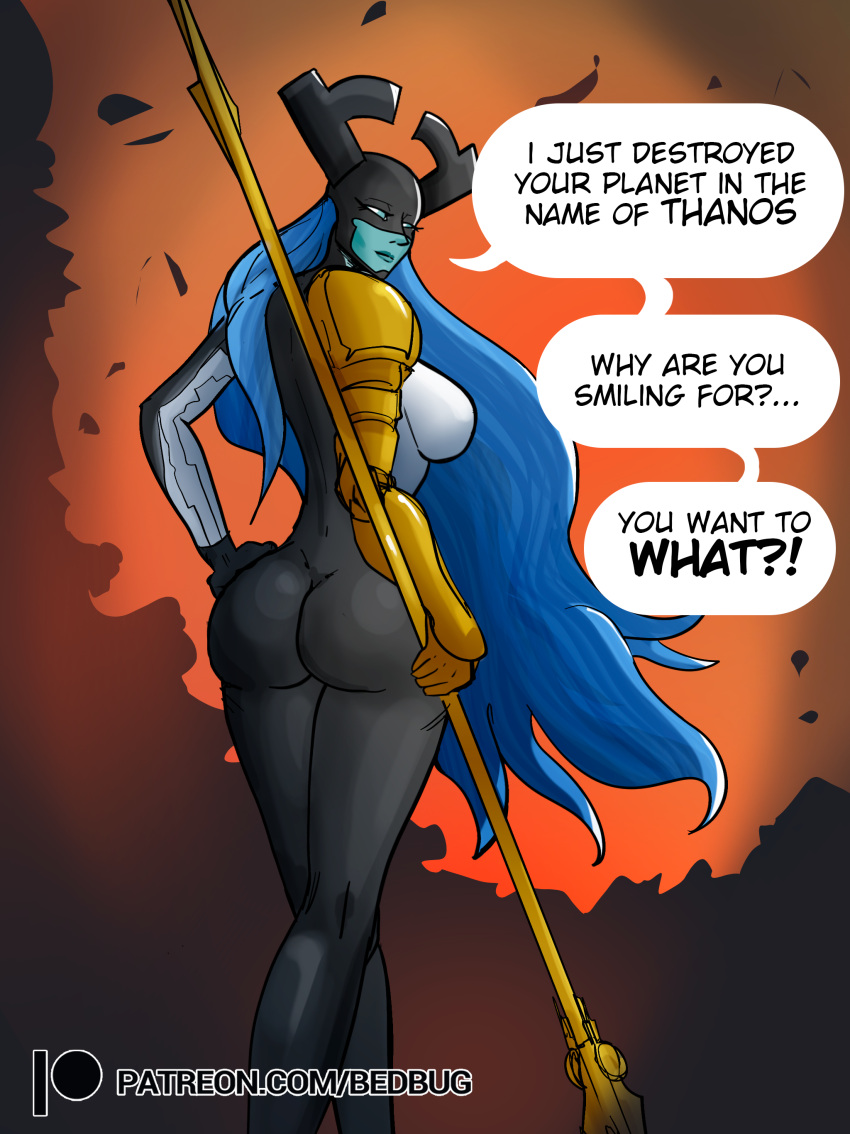 alien alien_girl alien_humanoid bedbug_(artist) blue_hair blue_skin comic_page female inminent_sex latex latex_clothing latex_suit marvel marvel_comics proxima_midnight text_bubble tight_clothing tight_fit