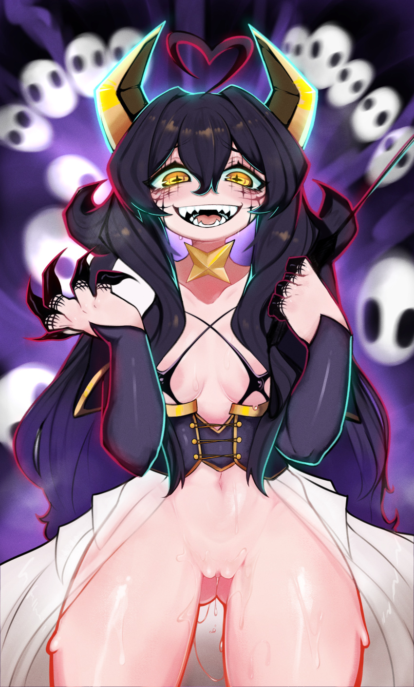 alternate_hair_color black_dress black_hair bottomless denva9 fangs female hiiragi_utena horn looking_at_viewer looking_pleasured magia_baiser mahou_shoujo_ni_akogarete pussy pussy_juice pussy_juice_drip sharp_claws sharp_teeth skimpy_clothes smile smug star_shaped_pupils sweat sweatdrop thick_thighs yellow_eyes