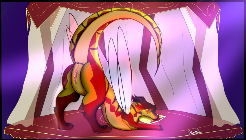 absurd_res anus ass bed dragon female feral furniture genitals hi_res hivewing_(wof) jack-o'_pose kiumba_(artist) mythological_creature mythological_scalie mythology pose presenting presenting_pussy princess_vespa pussy scalie solo tail wings wings_of_fire