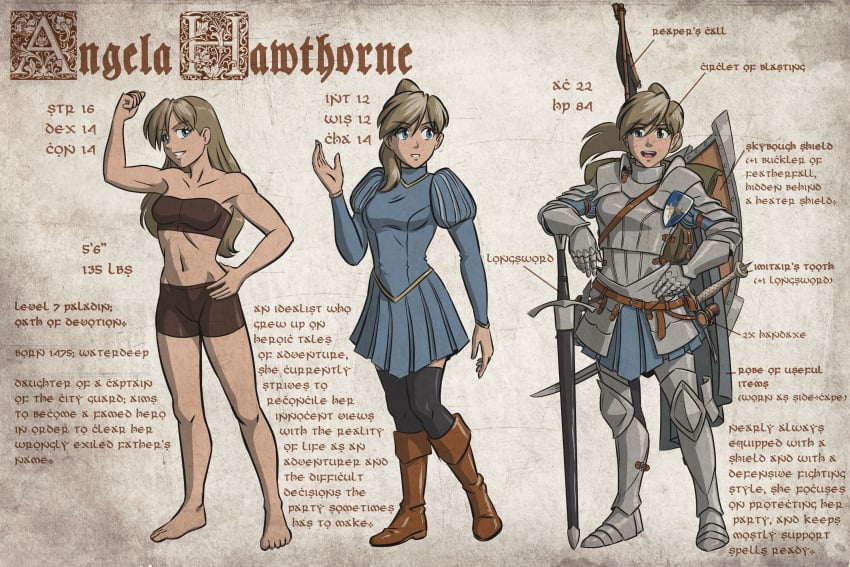 1girls angela_(doodlepoodle) angela_hawthorne armor blonde_hair blue_eyes boots character_sheet doodlepoodle dress dungeons_and_dragons english_text female female_knight female_only front_view high_ponytail knight muscular_female paladin plate_armor pleated_skirt ponytail shield stats sword tales_from_the_tables text thighhighs underwear