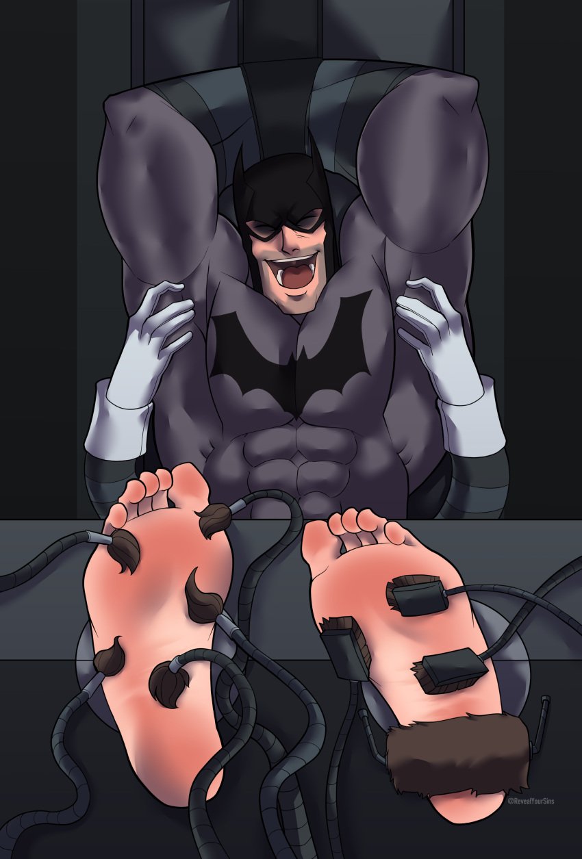 arms_behind_head bara batman batman_(series) bondage dc foot_focus male male_feet male_foot_fetish male_only male_tickling revealyoursins stocks tickle_torture tickling tickling_armpits tickling_feet tickling_machine