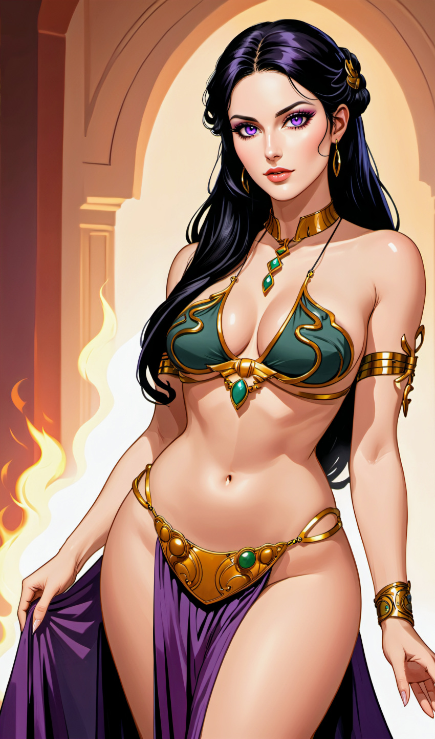 1girls ai_generated black_hair breasts cathrynedelamort cosplay crossover crossover_cosplay female female_only human human_only light-skinned_female light_skin purple_eyes slave_leia_(cosplay) slave_outfit solo star_wars the_witcher_(series) the_witcher_3:_wild_hunt yennefer