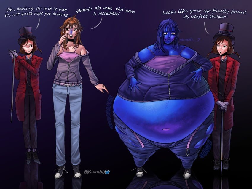 2girls ass_expansion belly_expansion belt belt_pop big_ass big_belly big_breasts blue_hair blue_skin blueberry_inflation breast_expansion brown_hair charlie_and_the_chocolate_factory dialogue expansion genderswap_(mtf) inflation jacket jeans klomb0 light-skinned_female navel ripped_clothing rule_63 skin_turning_blue small_ass small_breasts tagme tank_top thin_waist wide_hips willy_wonka