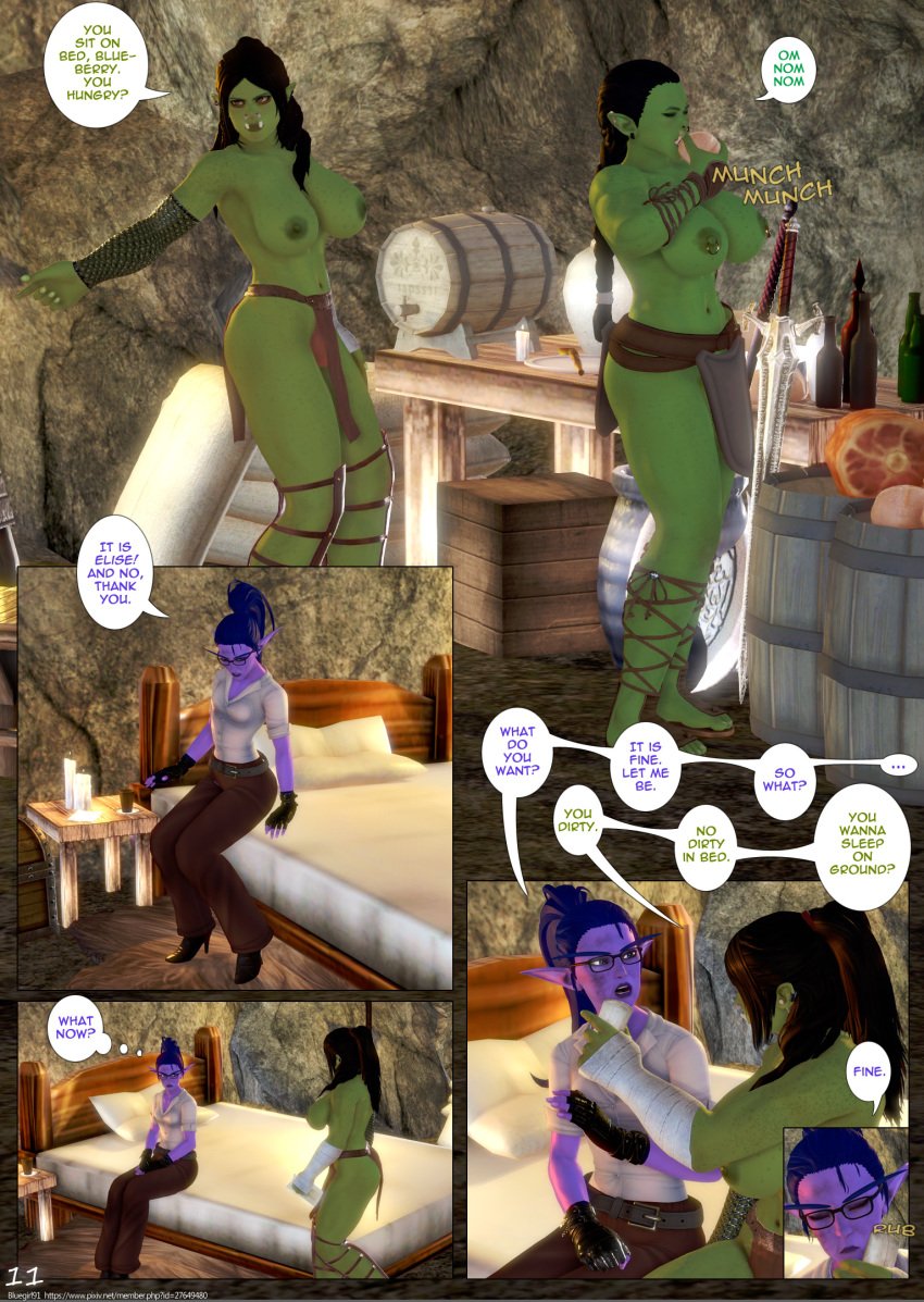 3d big_breasts blizzard_entertainment bluegirl91 comic comic_page dialogue elf_female elise_starseeker female futanari green_skin night_elf orc orc_(warcraft) orc_futanari purple_skin topless warcraft world_of_warcraft