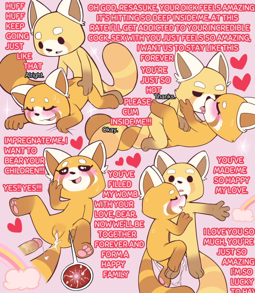 absurd_res after_sex aggressive_retsuko aggretsuko ailurid anthro blush bodily_fluids colored cuddling cum cum_drip cum_in_pussy cum_inside dialogue dripping duo english_text entwined_tails female french_kissing genital_fluids genitals heart_symbol hi_res humanoid_genitalia humanoid_penis impregnation impregnation_request kissing male male/female mammal penis porldraws pussy red_panda resasuke retsuko sanrio sex simple_background sweat tail tail_coil tail_wraps talkative text tongue vaginal_penetration wraps yapping