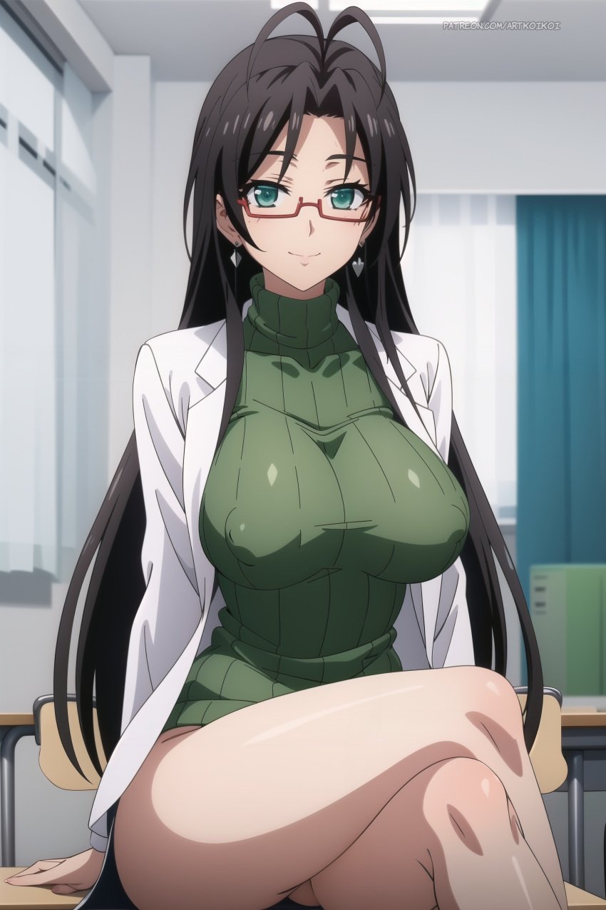 ai_generated big_breast big_breasts black_hair black_hair_female green_eyes green_sweater hasegawa_chisato labcoat large_breast large_breasts mature_female mature_woman milf nurse older_female older_woman red_glasses shinmai_maou_no_testament sweater white_lab_coat