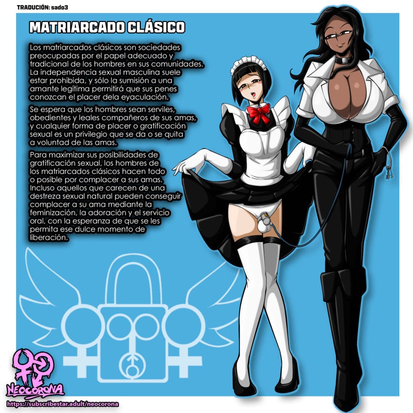 1boy 1girls 2d chastity chastity_cage crossdressing dark-skinned_female dark_skin female femboy femdom femdom_caption leash light-skinned_male male malesub neocorona political_compass spanish_text tagme text