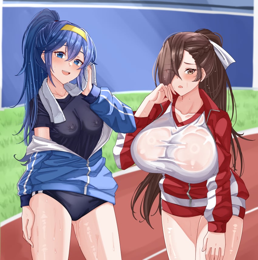 2girls absurdres alternate_costume alternate_hairstyle blue_eyes blue_hair blurry blurry_background brand_of_the_exalt breasts brown_eyes brown_hair buruma covered_nipples cowboy_shot depth_of_field female female_only fire_emblem fire_emblem_awakening fire_emblem_fates gym_uniform hair_between_eyes hair_over_one_eye hairband highres huge_breasts jacket kagero_(fire_emblem) long_hair looking_at_viewer lucina_(fire_emblem) medium_breasts multiple_girls nintendo open_mouth outdoors ponytail running_track rynn_(darknescorez) see-through small_breasts smile sportswear sweat sweaty towel track_and_field track_jacket track_uniform wet wet_clothes wiping_sweat