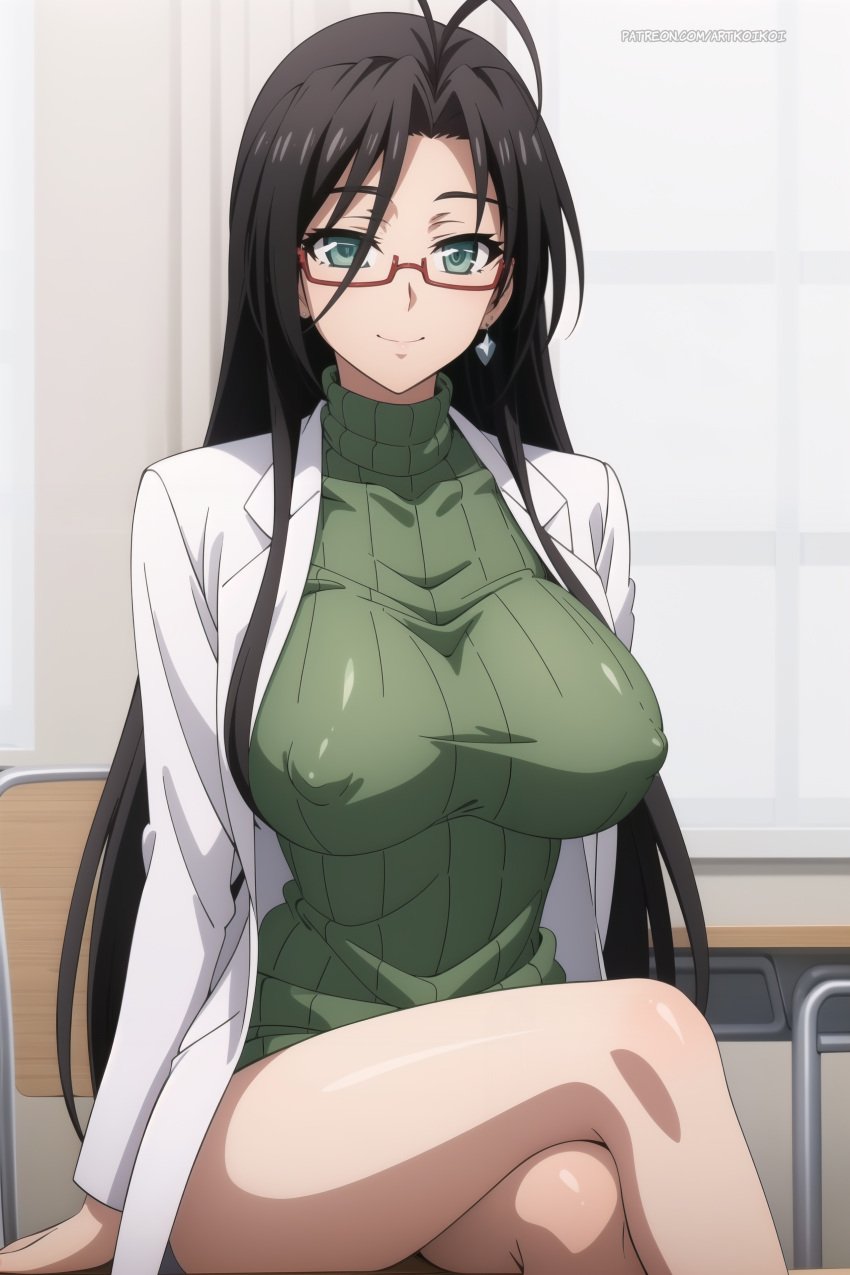 ai_generated big_breast big_breasts black_hair black_hair_female green_eyes green_sweater hasegawa_chisato labcoat large_breast large_breasts mature_female mature_woman milf nurse older_female older_woman red_glasses shinmai_maou_no_testament sweater white_lab_coat