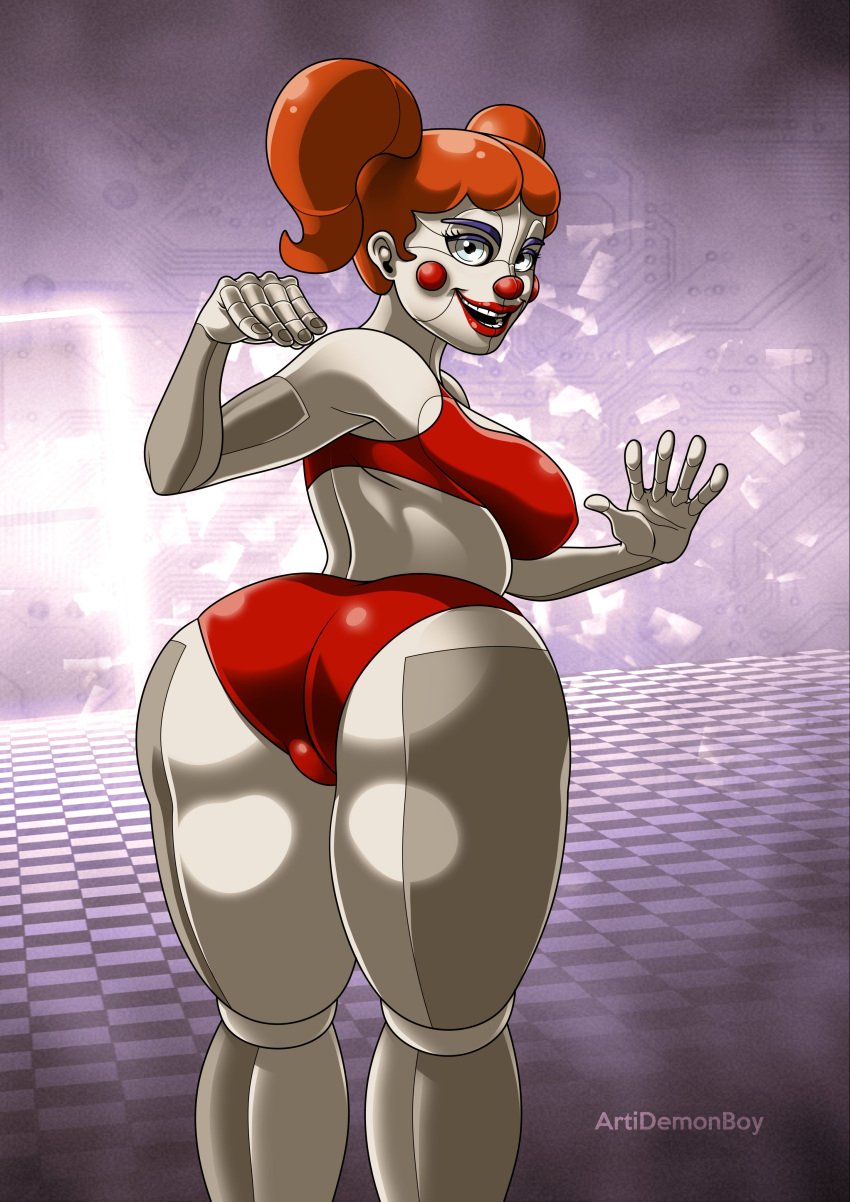 1girls 2024 2d 2d_(artwork) animatronic aquamarine_eyes artidemonboy ass ass ass_focus baby_(fnafsl) back big_ass big_breasts big_butt blue_eyebrows blue_eyelids blue_makeup breasts butt_focus checkered_floor circus_baby circus_baby_(fnaf) clown clown_girl clown_nose clussy digital_drawing_(artwork) female female_focus female_only five_nights_at_freddy&#039;s five_nights_at_freddy&#039;s:_sister_location grey_nails highres looking_at_viewer looking_back looking_back_at_viewer orange_hair red_bra red_clothing red_hair red_lipstick red_nose red_panties robot robot_girl robot_humanoid scottgames sister_location smile tagme thick_thighs thighs twintails white_body