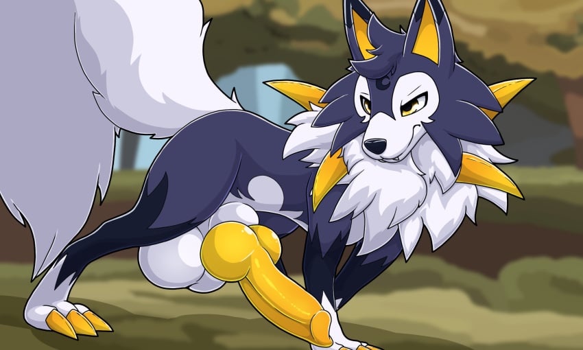 animal_genitalia animal_penis balls canine_genitalia canine_penis digital_media_(artwork) erection fan_character feral fur generation_7_pokemon genitals hi_res knot lycanroc male midday_lycanroc nintendo penis pokemon pokemon_(species) presenting presenting_penis sallandril smile smug solo tail