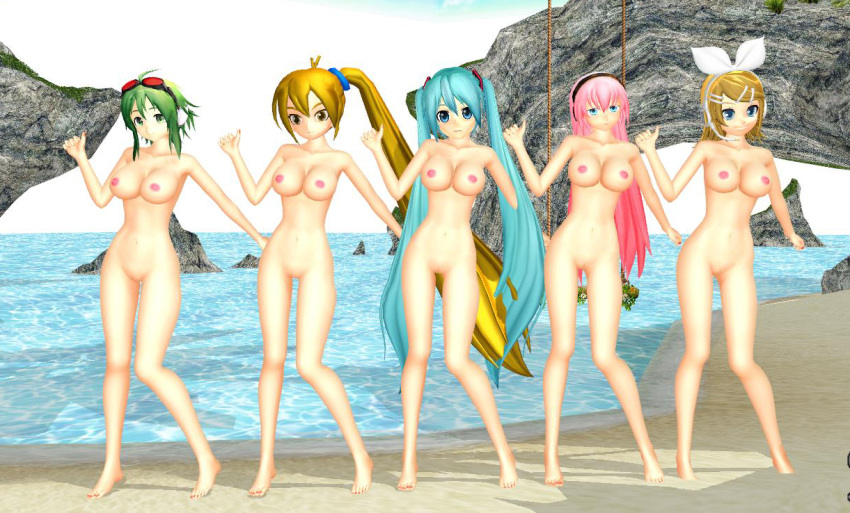 5girls akita_neru beach breasts completely_nude hatsune_miku kagamine_rin long_twintails megpoid_gumi megurine_luka mikumikudance multiple_girls naked nude tastytunes2000 vocaloid